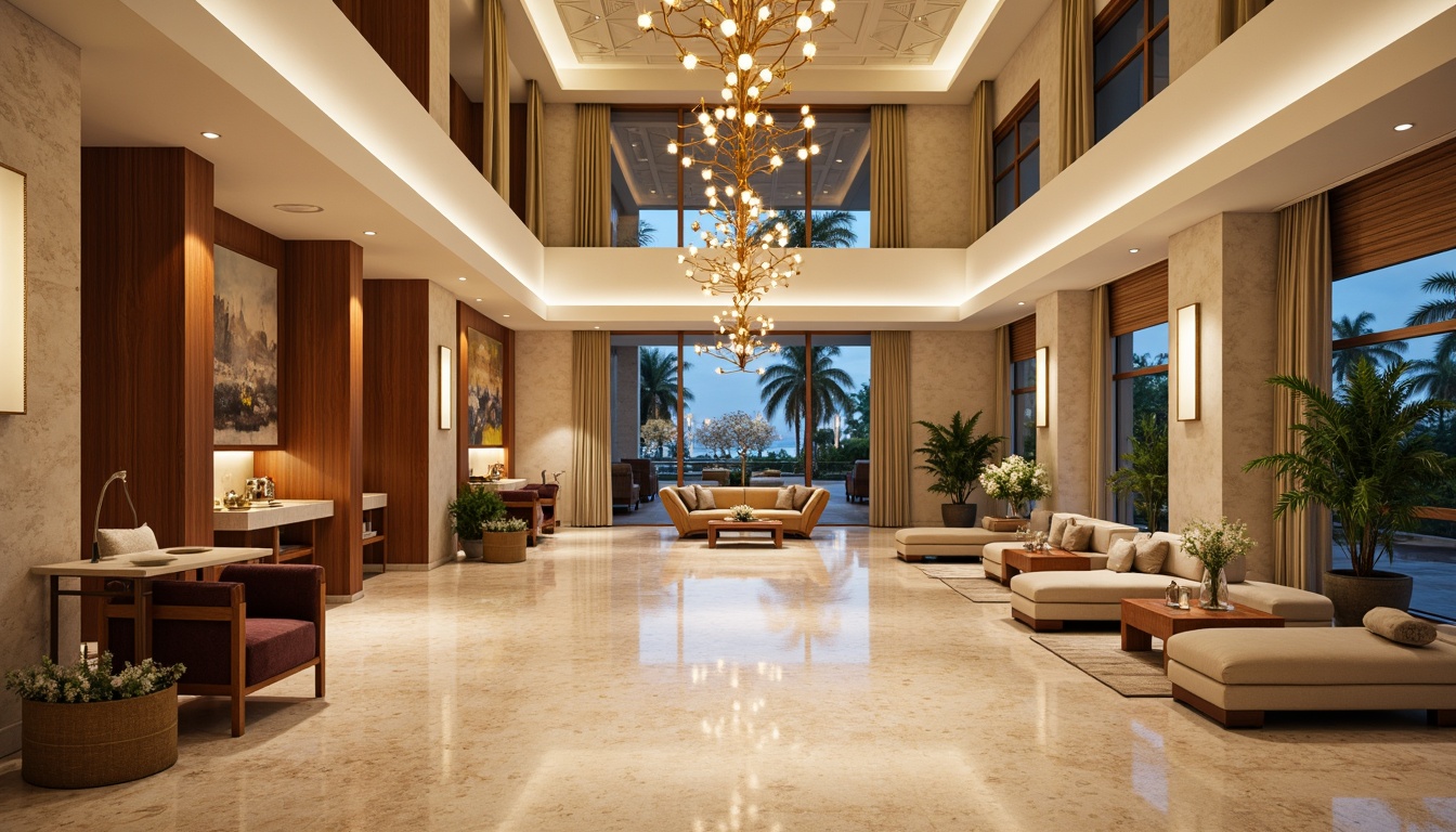 Prompt: Luxurious hotel lobby, warm beige marble floors, rich wood accents, soft cream-colored walls, plush velvet furniture, golden lighting fixtures, natural stone columns, elegant chandeliers, lavish greenery, tranquil water features, serene ambiance, warm neutral tones, earthy brown hues, calming blue undertones, sophisticated metallic accents, subtle texture contrasts, 1/1 composition, shallow depth of field, softbox lighting, realistic reflections.