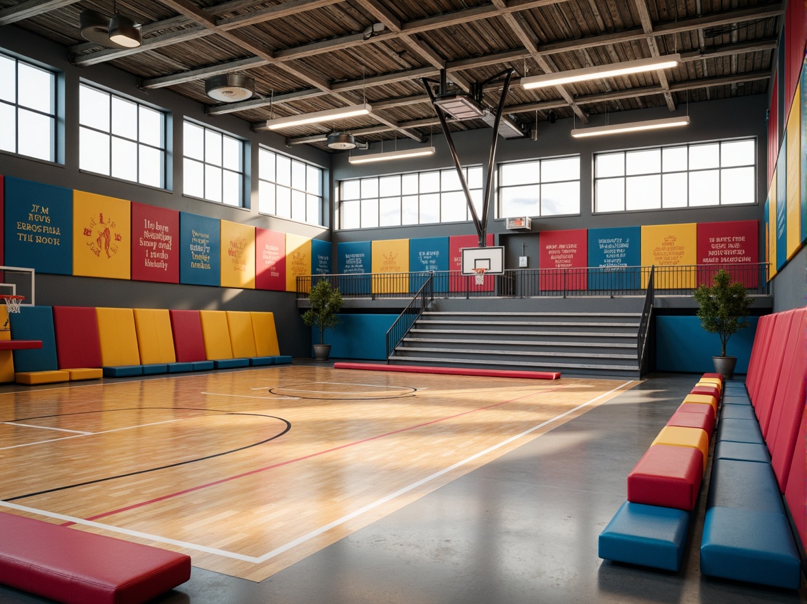 Prompt: Modern gymnasium interior, vibrant colored flooring, sturdy sports equipment, athletic tracks, basketball hoops, bleacher seating, motivational quotes, inspirational posters, natural light pouring in, large windows, minimalist design, functional textiles, durable upholstery, comfortable cushions, sound-absorbing materials, acoustic panels, dynamic color schemes, geometric patterns, bold typography, energetic atmosphere, shallow depth of field, 1/2 composition, soft warm lighting, realistic textures, ambient occlusion.