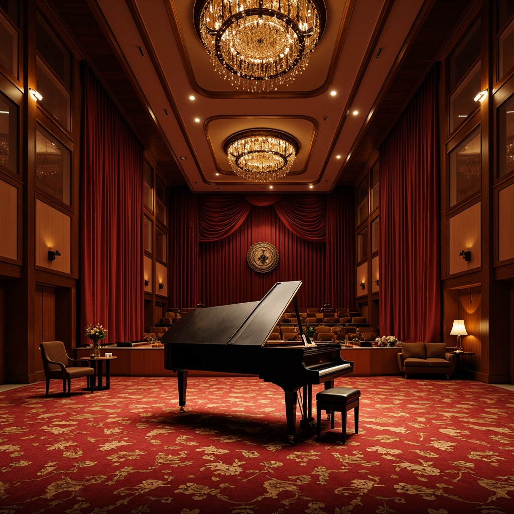 Prompt: Luxurious concert house interior, grand piano, velvet curtains, rich wood paneling, plush carpets, crystal chandeliers, soundproof walls, acoustic ceiling, comfortable seating, intimate atmosphere, warm color scheme, soft ambient lighting, shallow depth of field, 1/1 composition, realistic textures, subtle reflections.