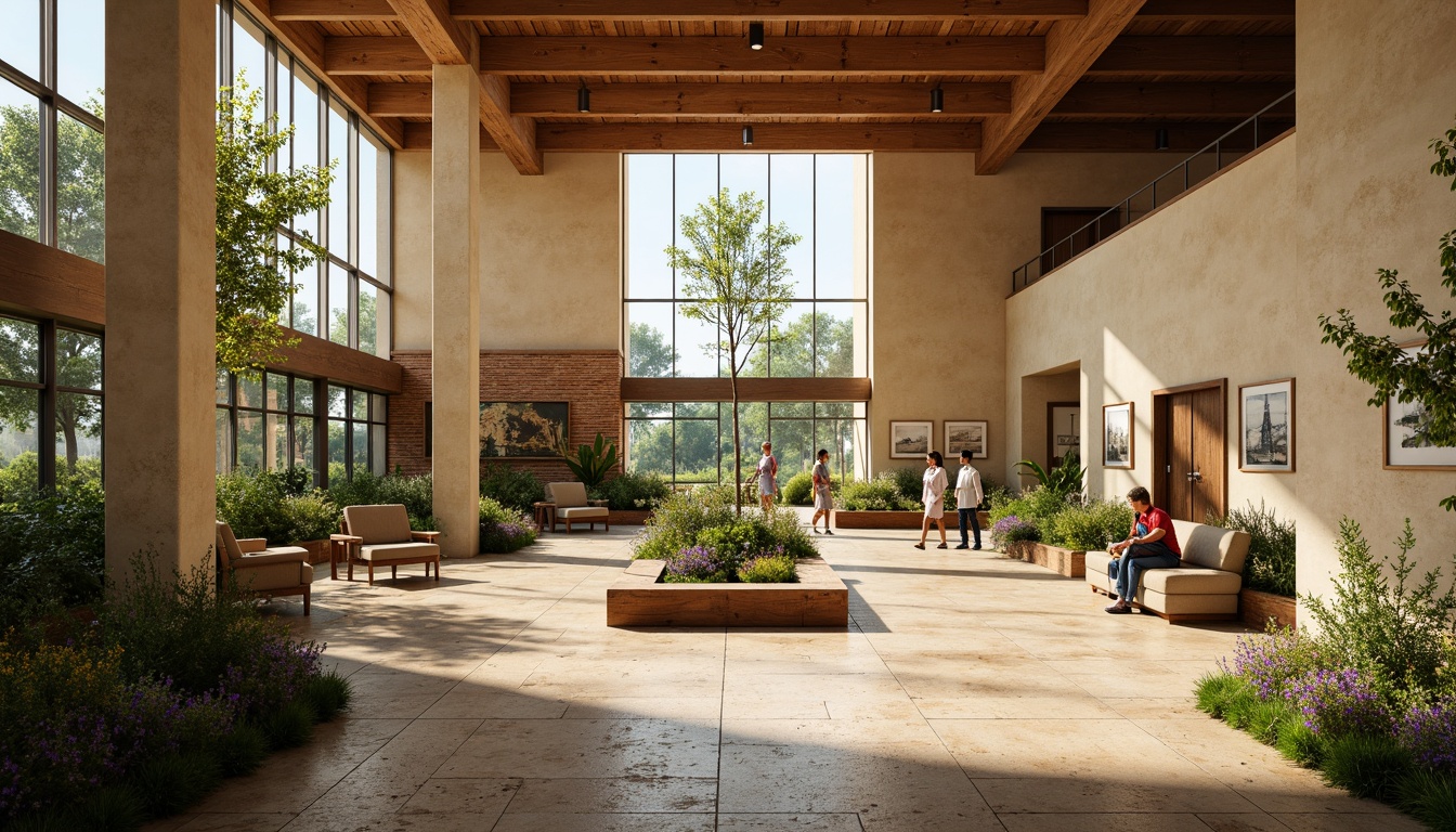 Prompt: Earth-toned visitor center, natural wood accents, warm beige walls, vibrant greenery, educational signage, interactive exhibits, comfortable seating areas, rustic stone flooring, modern minimalist architecture, large windows, abundant natural light, soft warm lighting, shallow depth of field, 3/4 composition, panoramic view, realistic textures, ambient occlusion.