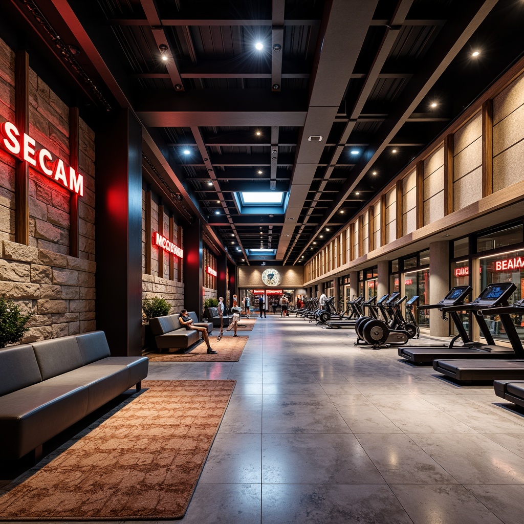 Prompt: Luxurious fitness club, polished marble floors, warm wooden accents, sleek metal equipment, matte black machinery, rustic stone walls, neon-lit signage, vibrant color schemes, modern minimalist decor, spacious mirrored rooms, high-ceilinged open areas, dramatic LED lighting, shallow depth of field, 3/4 composition, realistic textures, ambient occlusion.