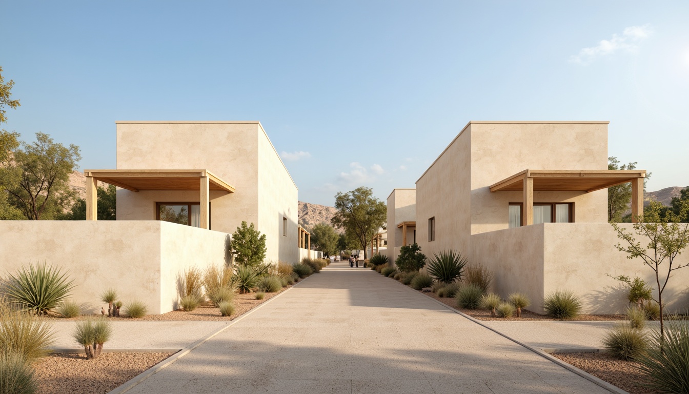 Prompt: Warm beige stone walls, soft creamy facades, earthy tone roofs, natural wood accents, minimalist modern architecture, sleek lines, subtle texture variations, calm ambiance, warm lighting, shallow depth of field, 1/1 composition, realistic renderings, ambient occlusion, serene atmosphere, desert landscape, cactus plants, hot sunny day, clear blue sky.