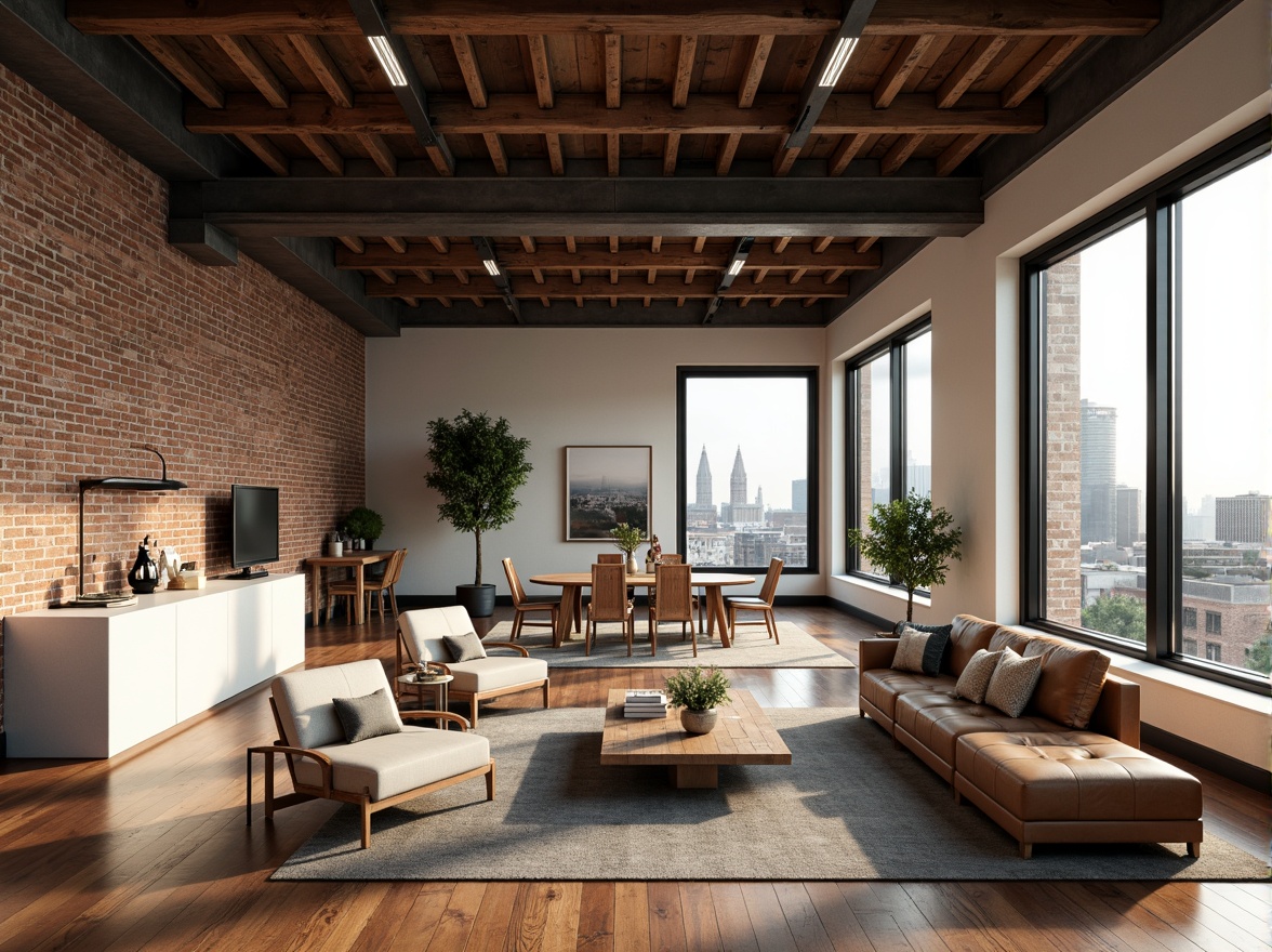 Prompt: Exposed brick walls, metal beams, wooden rafters, industrial chic, reclaimed wood floors, urban loft ambiance, minimalist decor, natural light pouring, large windows, sliding glass doors, cityscape views, modern furniture pieces, sleek lines, low-profile lighting fixtures, polished concrete countertops, open-plan living spaces, functional minimalism, rustic accents, distressed finishes, vintage decorative items, cozy reading nooks, warm neutral color palette, soft box lighting, 1/1 composition, shallow depth of field, realistic textures.