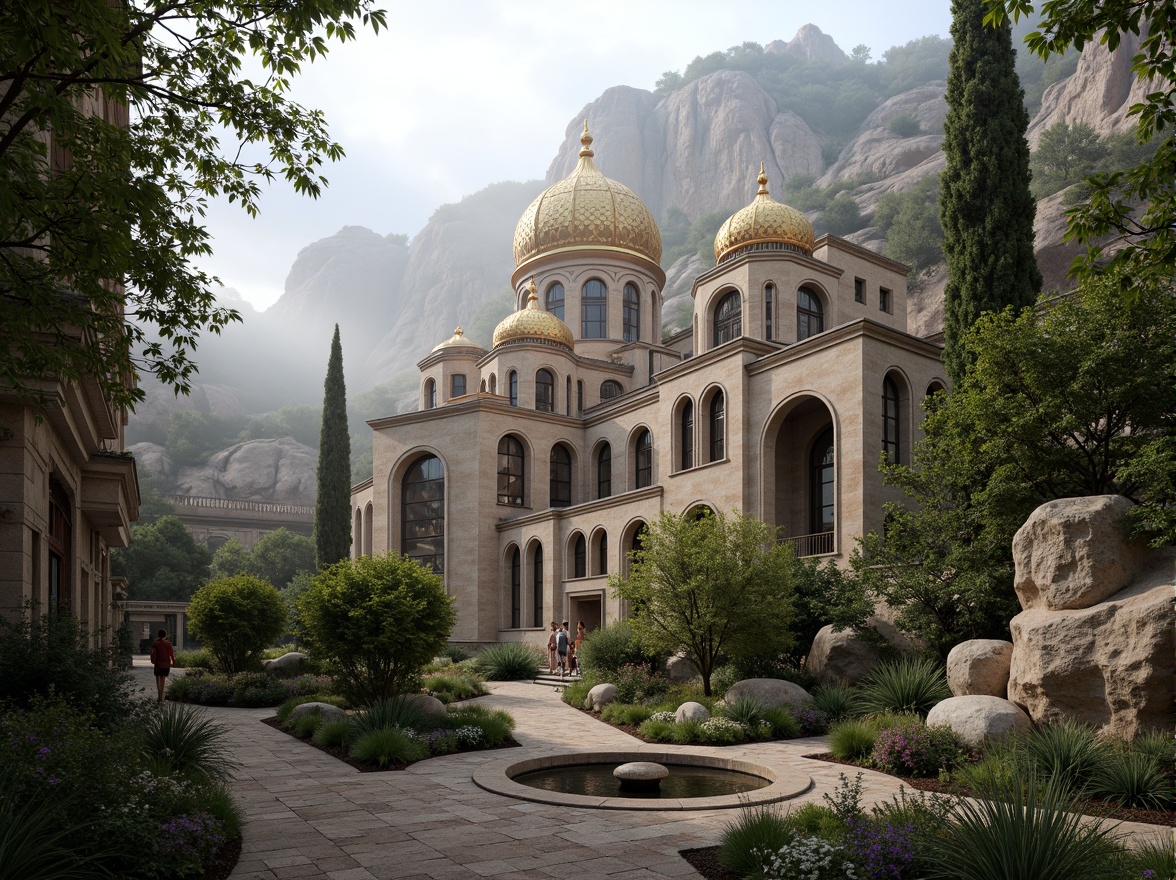 Prompt: Majestic mountainous Byzantine center, ornate stone carvings, golden domes, grand archways, lush greenery, towering trees, misty fog, rustic stonewalls, winding paths, tranquil water features, natural rock formations, intricately patterned mosaics, warm earthy tones, soft diffused lighting, atmospheric perspective, 1/2 composition, realistic textures, ambient occlusion.