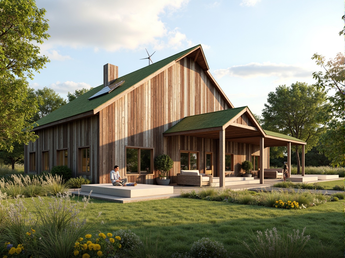 Prompt: Rustic barn, reclaimed wood, earthy tones, natural materials, green roof, solar panels, wind turbines, rainwater harvesting system, organic farm, lush greenery, wildflowers, rural landscape, warm sunny day, soft diffused lighting, shallow depth of field, 3/4 composition, panoramic view, realistic textures, ambient occlusion, modern amenities, minimalist design, eco-friendly materials, innovative cooling technologies, shaded outdoor spaces, misting systems.