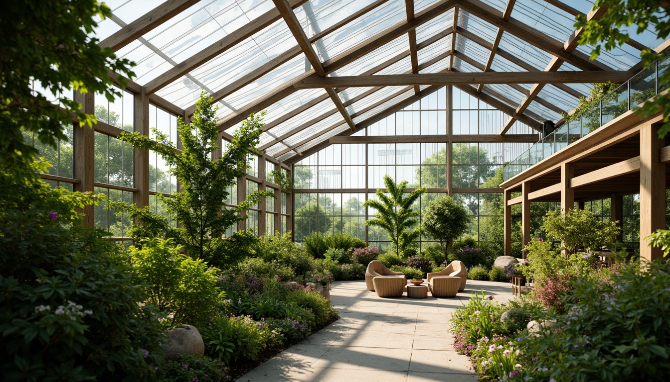 Prompt: Vibrant greenhouse interior, abundant natural lighting, lush greenery, tropical plants, glass roof panels, clerestory windows, translucent walls, diffused sunlight, warm ambient temperature, humid atmosphere, misting systems, automated shading devices, energy-efficient systems, sustainable materials, wooden trellis, rattan furniture, organic textures, shallow depth of field, 1/1 composition, soft focus effect.