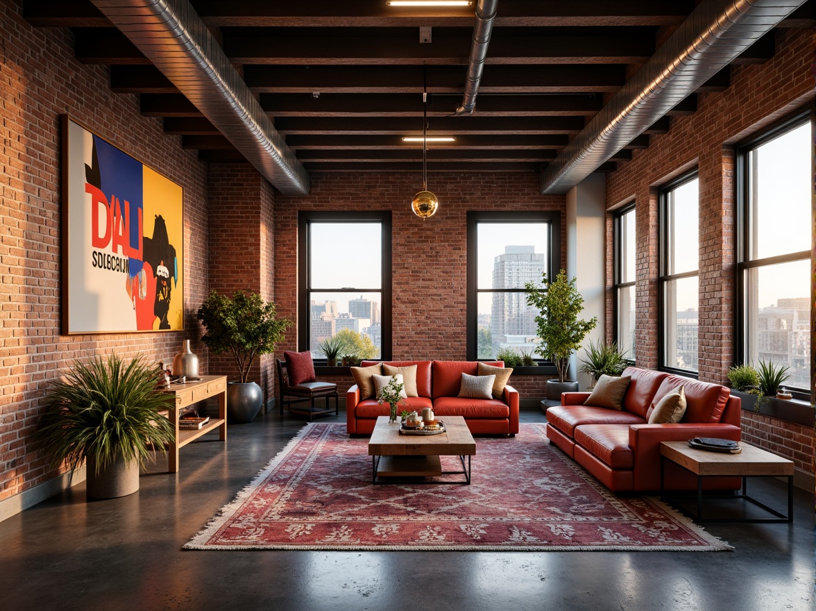 Prompt: Industrial chic loft interior, exposed brick walls, metallic beams, polished concrete floors, eclectic furniture arrangement, vibrant color accents, abstract artwork, geometric patterns, bold typography, statement lighting fixtures, cozy textiles, plush area rugs, floor-to-ceiling windows, urban cityscape views, warm golden hour lighting, shallow depth of field, 1/2 composition, realistic textures, ambient occlusion.