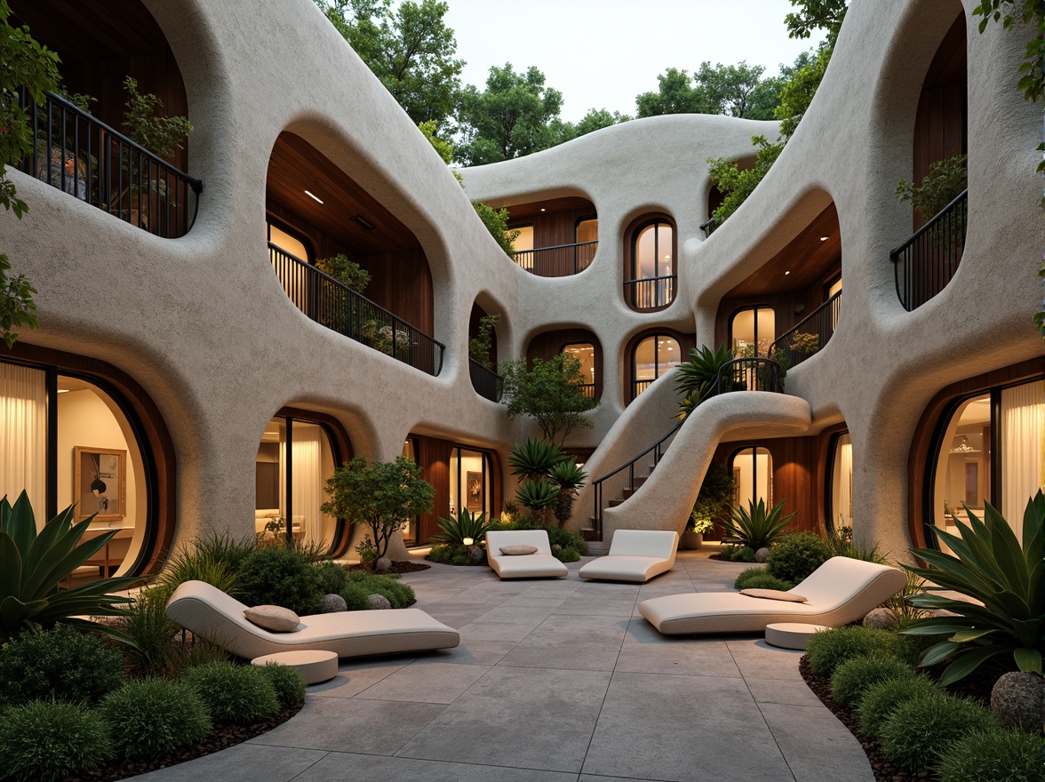 Prompt: Curved blob-like apartments, flowing organic shapes, soft rounded edges, earthy tone color palette, natural stone fa\u00e7ade, wooden accents, lush green walls, living plants integration, futuristic ambiance, cozy interior spaces, rounded windows, curved doorways, fluid layouts, dynamic lighting systems, warm ambient glow, 3/4 composition, shallow depth of field, realistic textures, atmospheric fog effects.