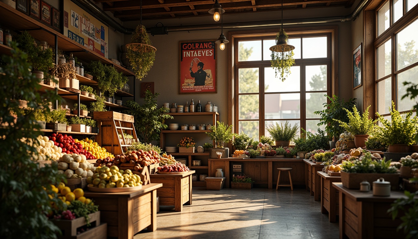 Prompt: Vibrant grocery store, eclectic product arrangements, warm golden lighting, soft shadows, dramatic spotlights, bold color contrasts, rustic wooden shelves, distressed metal racks, vintage advertising posters, ornate decorative fixtures, lavish flower arrangements, lush greenery, whimsical window displays, nostalgic ambiance, moody atmospheric haze, cinematic lens flares, shallow depth of field, 1/2 composition, realistic textures, ambient occlusion.