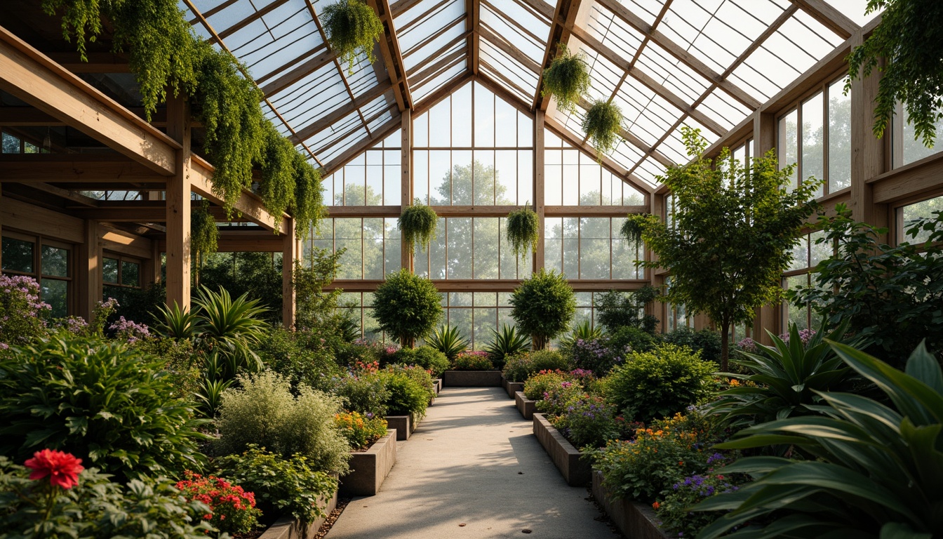 Prompt: Lush greenhouse interior, abundant natural lighting, translucent glass roofs, clerestory windows, skylights, solar tubes, vibrant greenery, tropical plants, exotic flowers, misting systems, humid climate control, rustic wooden accents, earthy tones, organic textures, subtle shading, soft warm illumination, shallow depth of field, 1/1 composition, realistic reflections, ambient occlusion.