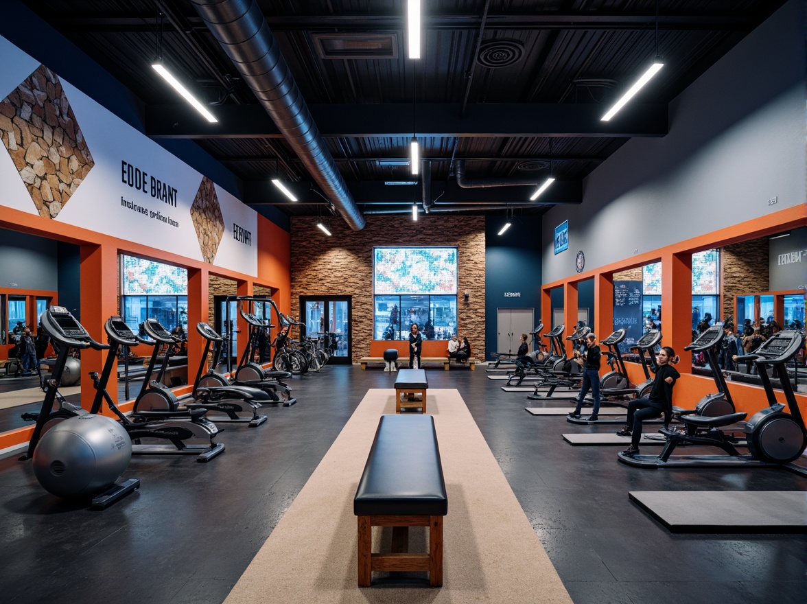 Prompt: Modern fitness center, sleek metallic equipment, rubber flooring, mirrored walls, LED lighting, high ceilings, open spaces, minimalist decor, motivational quotes, athletic-inspired color scheme, energetic ambiance, dynamic layout, functional zones, free weights area, cardio machines section, yoga studio, spinning room, locker rooms, showers, saunas, massage tables, natural stone accents, reclaimed wood features, abstract geometric patterns, industrial chic design, urban loft atmosphere, vibrant neon signs, 3/4 composition, shallow depth of field, realistic textures.