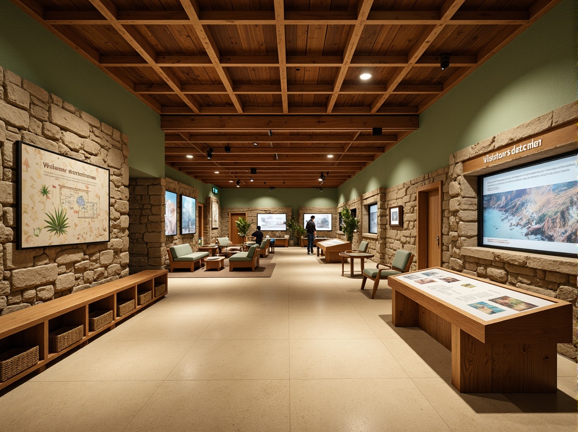 Prompt: Earth-toned visitor center, natural stone fa\u00e7ade, wooden accents, rustic signage, welcoming entrance, open-concept interior, warm beige flooring, comfortable seating areas, educational exhibits, interactive displays, informative graphics, soft warm lighting, shallow depth of field, 3/4 composition, panoramic view, realistic textures, ambient occlusion, earthy color scheme, sage green walls, sandy beige floors, weathered wood tones, sky blue accents, natural fabric textiles, woven baskets, organic shapes, geometric patterns.