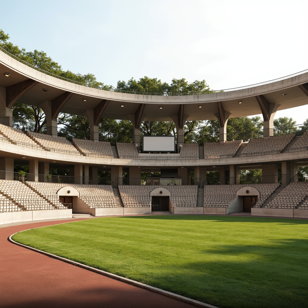 Prompt: Grandstand seating, vintage scoreboard, classic athletic track, lush green grass, ornate iron fencing, neoclassical columns, arched entrance gates, rusticated stone walls, symmetrical facade composition, elegant cornice details, subtle texture patterns, warm beige color palette, soft afternoon sunlight, shallow depth of field, 1/1 composition, realistic rendering, ambient occlusion.