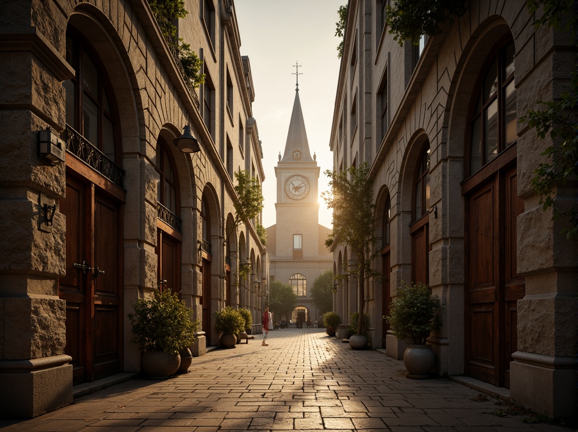 Prompt: Twisted ironwork, Gothic arches, intricate stonework, ornate facades, majestic clock tower, grandiose entrance gates, rusted metal doors, weathered stone walls, mysterious narrow windows, atmospheric misty morning, warm golden lighting, dramatic chiaroscuro, cinematic composition, symmetrical framing, high contrast ratio, detailed textures, ambient occlusion.