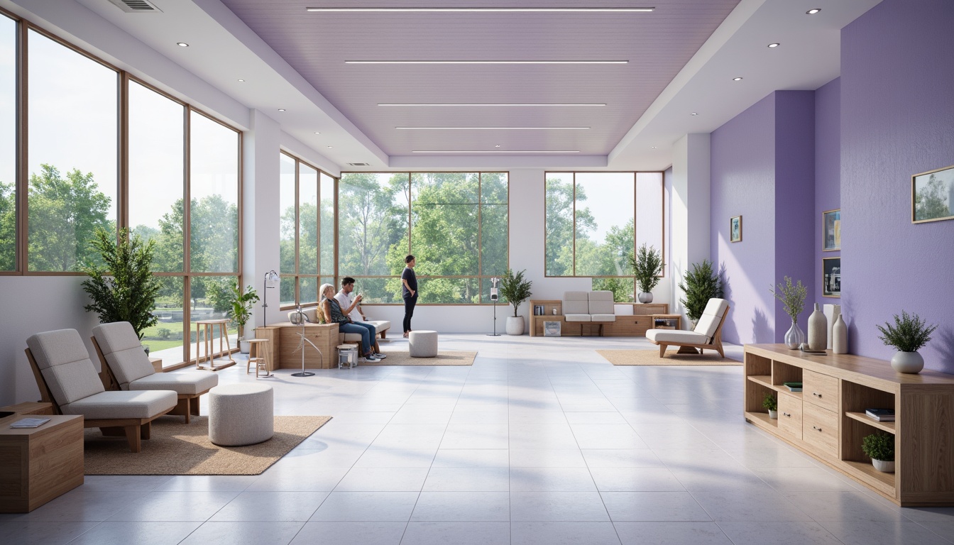 Prompt: \Calm clinic interior, soft blue violet hues, gentle lavender accents, creamy whites, warm beige tones, natural wood furniture, minimalist decor, subtle texture patterns, modern medical equipment, sleek metal fixtures, rounded corners, abundant natural light, floor-to-ceiling windows, lush greenery views, peaceful atmosphere, 1/1 composition, soft focus, realistic rendering.\Please let me know if this meets your expectations!