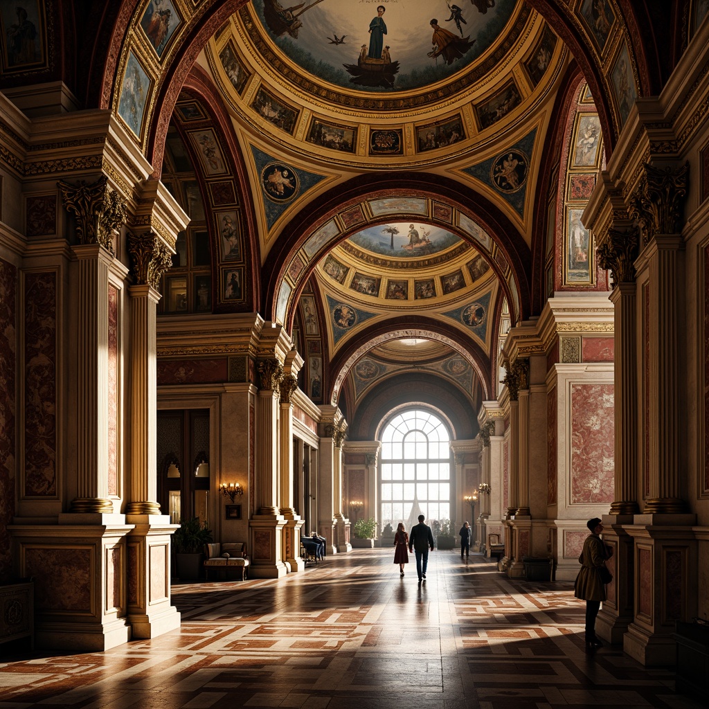 Prompt: Intricate mosaics, golden domes, ornate stone carvings, richly patterned marble floors, polished bronze accents, grand archways, vaulted ceilings, lavish frescoes, elaborate iconography, warm candlelight, soft diffused lighting, high contrast shadows, atmospheric perspective, dramatic chiaroscuro, 2.35