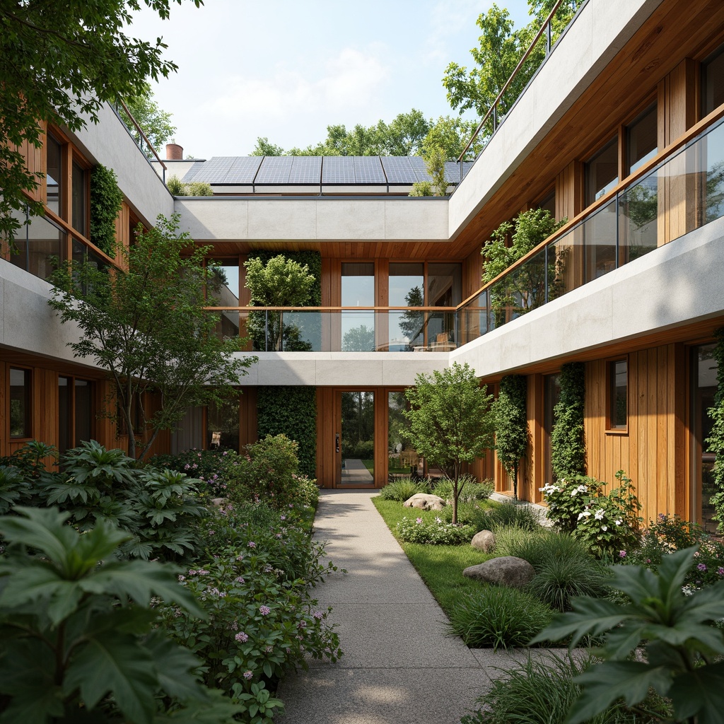 Prompt: Eco-friendly building, reclaimed wood accents, living green walls, bamboo flooring, low-carbon concrete structures, solar panels, wind turbines, rainwater harvesting systems, grey water reuse, organic gardens, native plant species, natural ventilation systems, clerestory windows, recycled glass facades, FSC-certified timber frames, biodegradable roofing membranes, breathable building envelopes, earthy color palette, soft diffused lighting, shallow depth of field, 3/4 composition, panoramic view.