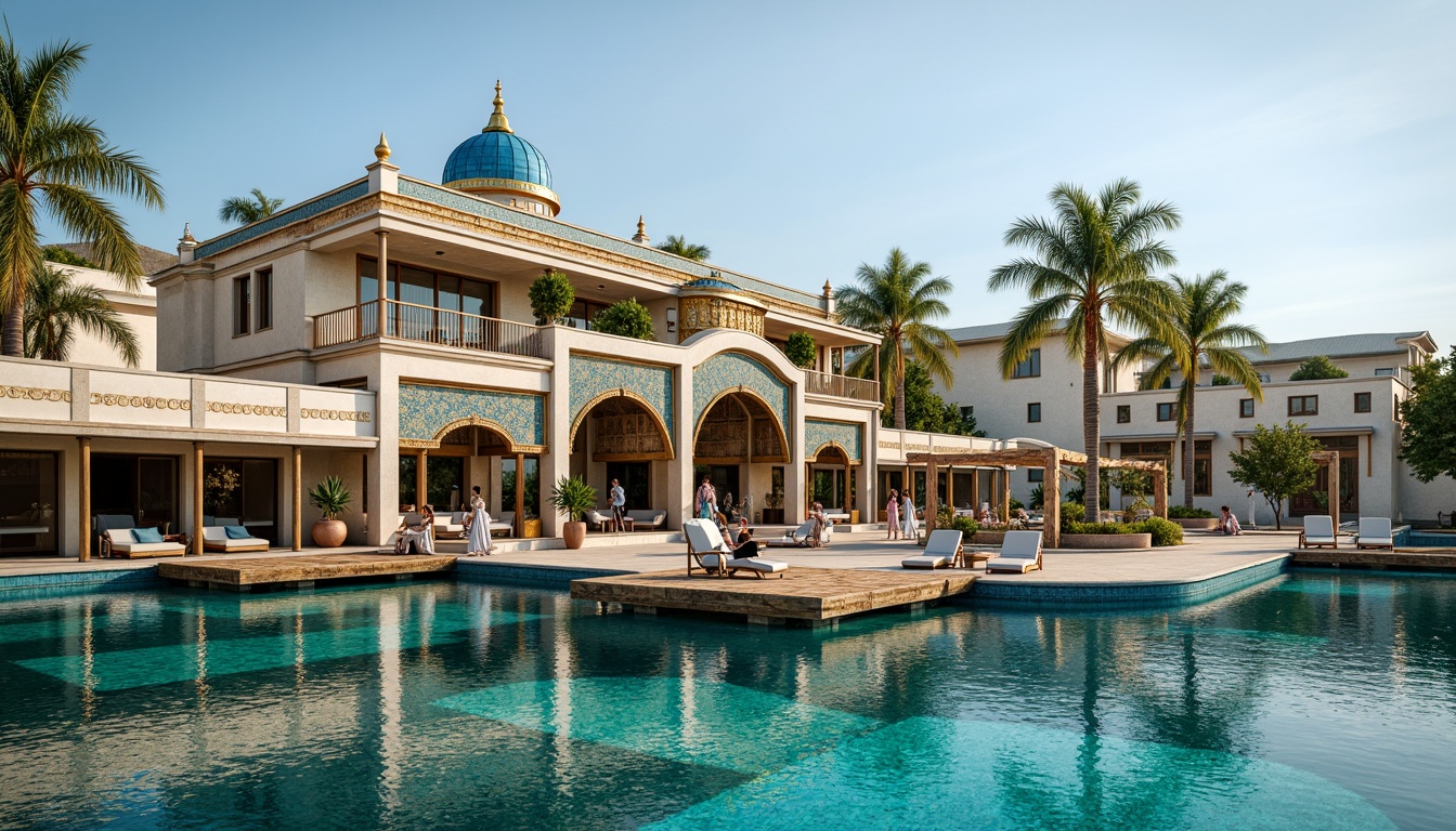 Prompt: Byzantine-style boathouse, turquoise water reflections, rustic wooden docks, ornate golden accents, grandiose arches, intricate mosaics, vibrant blue domes, majestic rooflines, luxurious rooftop gardens, exotic palm trees, lavish outdoor furniture, warm sunny day, soft natural lighting, 1/1 composition, symmetrical framing, realistic textures, ambient occlusion.