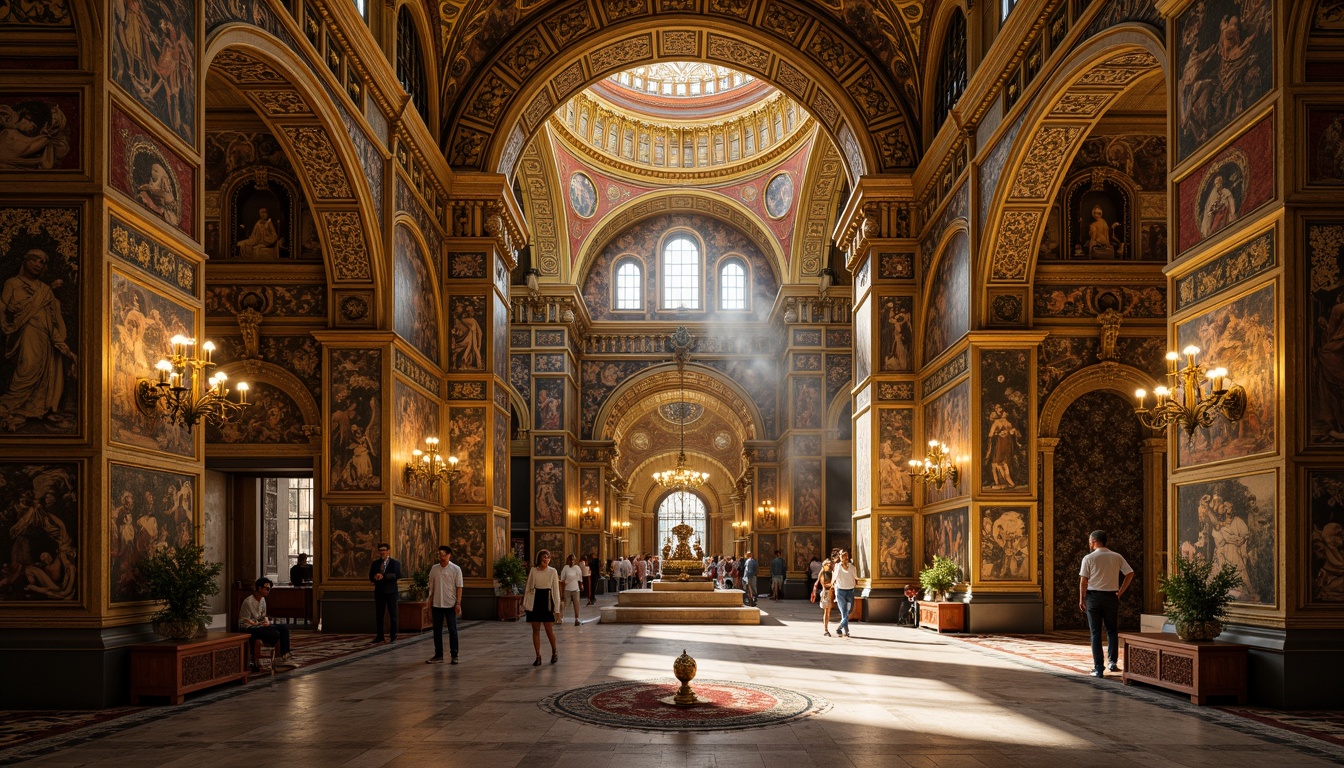 Prompt: Gold ornate mosaics, intricate stone patterns, lavish church interiors, domed ceilings, Byzantine architecture, rich jewel tones, glittering gold accents, marble flooring, ornate columns, arches, vaulted roofs, dramatic lighting effects, warm ambient glow, high contrast, shallow depth of field, 1/1 composition, realistic textures, ambient occlusion.