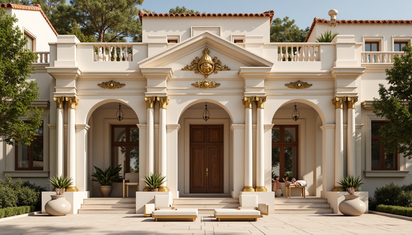 Prompt: Elegant neoclassical facade, creamy white marble columns, ornate gold accents, subtle earthy tones, muted terracotta rooftops, soft beige stone walls, intricate moldings, ornamental balconies, grandiose entranceways, symmetrical compositions, natural light pouring in, warm ambient shadows, shallow depth of field, 2/3 composition, realistic textures, ambient occlusion.