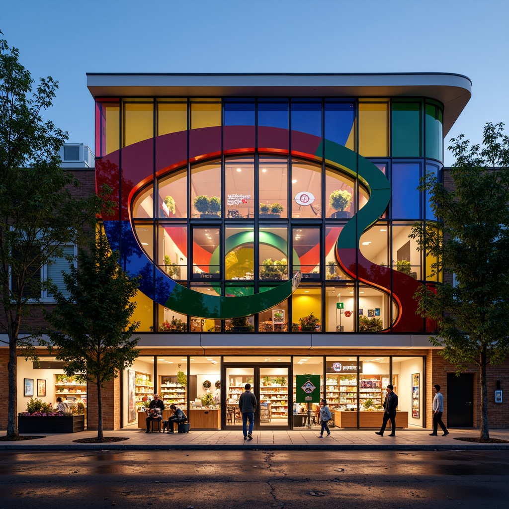 Prompt: Vibrant grocery store facade, expressionist architecture, curved lines, bold colors, geometric patterns, abstract shapes, dynamic forms, eclectic mix of materials, glass blocks, metallic accents, wooden textures, LED lighting displays, playful signage, oversized storefront windows, asymmetrical composition, dramatic shadows, warm evening lighting, shallow depth of field, 2/3 composition, vivid color palette, contrasting textures.