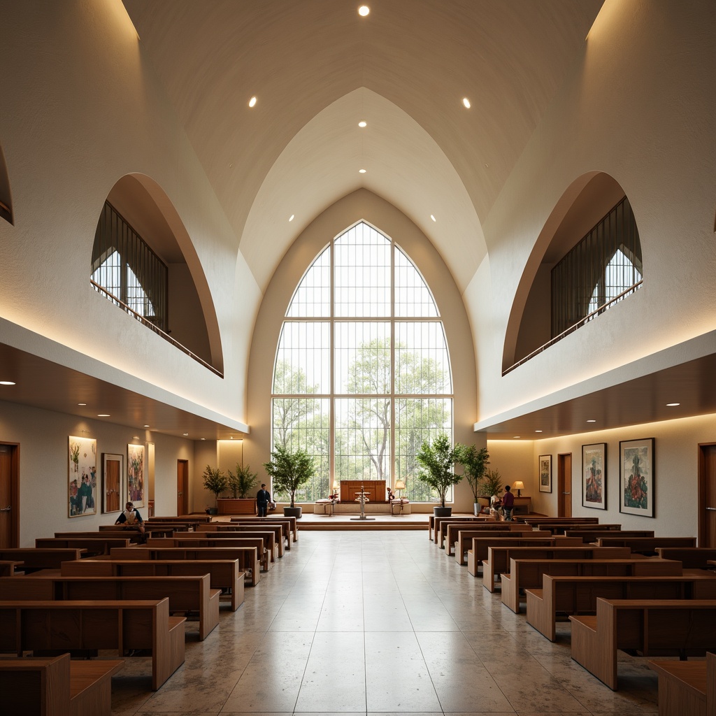 Prompt: Contemporary church interior, minimalist altar design, stained glass windows, natural light pouring in, sleek wooden pews, polished marble floors, grand vaulted ceilings, subtle ambient lighting, soft warm color palette, airy open spaces, curved lines, geometric patterns, abstract sculptures, modern spiritual art, communal gathering areas, comfortable seating zones, intimate worship spaces, circular pulpits, cantilevered balconies, dramatic vertical elements, 3/4 composition, shallow depth of field, realistic textures, ambient occlusion.