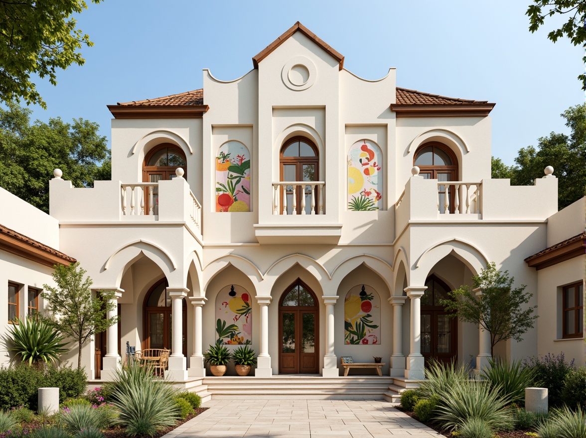 Prompt: Creamy white facade, ornate pilasters, soft arches, rounded columns, playful pediments, vibrant colorful murals, whimsical sculptures, decorative shutters, flower-patterned railings, gentle sloping roofs, warm beige stucco walls, classic cornice details, inviting entranceways, cozy outdoor play areas, lush greenery surroundings, sunny afternoon light, soft focus blur, 1/1 composition, realistic textures, ambient occlusion.