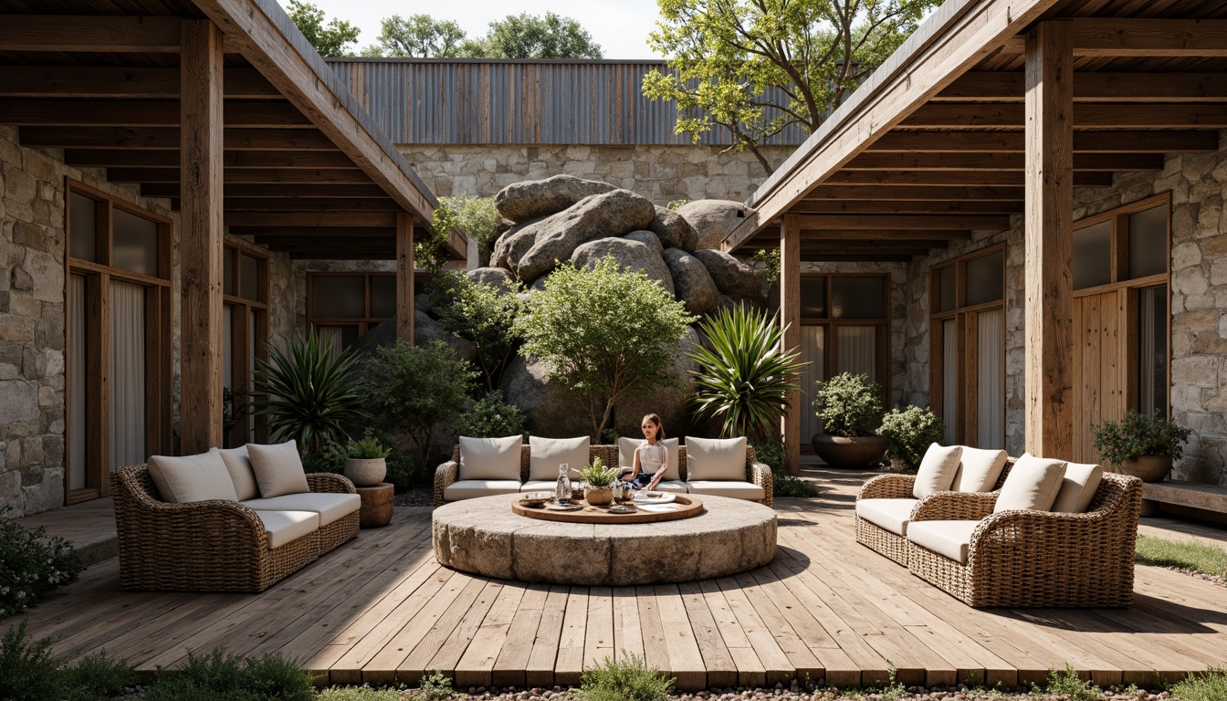 Prompt: Rustic wooden planks, weathered stone walls, rough-hewn granite boulders, moss-covered rocks, distressed metal sheets, corrugated iron roofs, woven wicker furniture, natural fiber textiles, organic shapes, earthy color palette, warm ambient lighting, shallow depth of field, 1/1 composition, realistic textures, ambient occlusion.