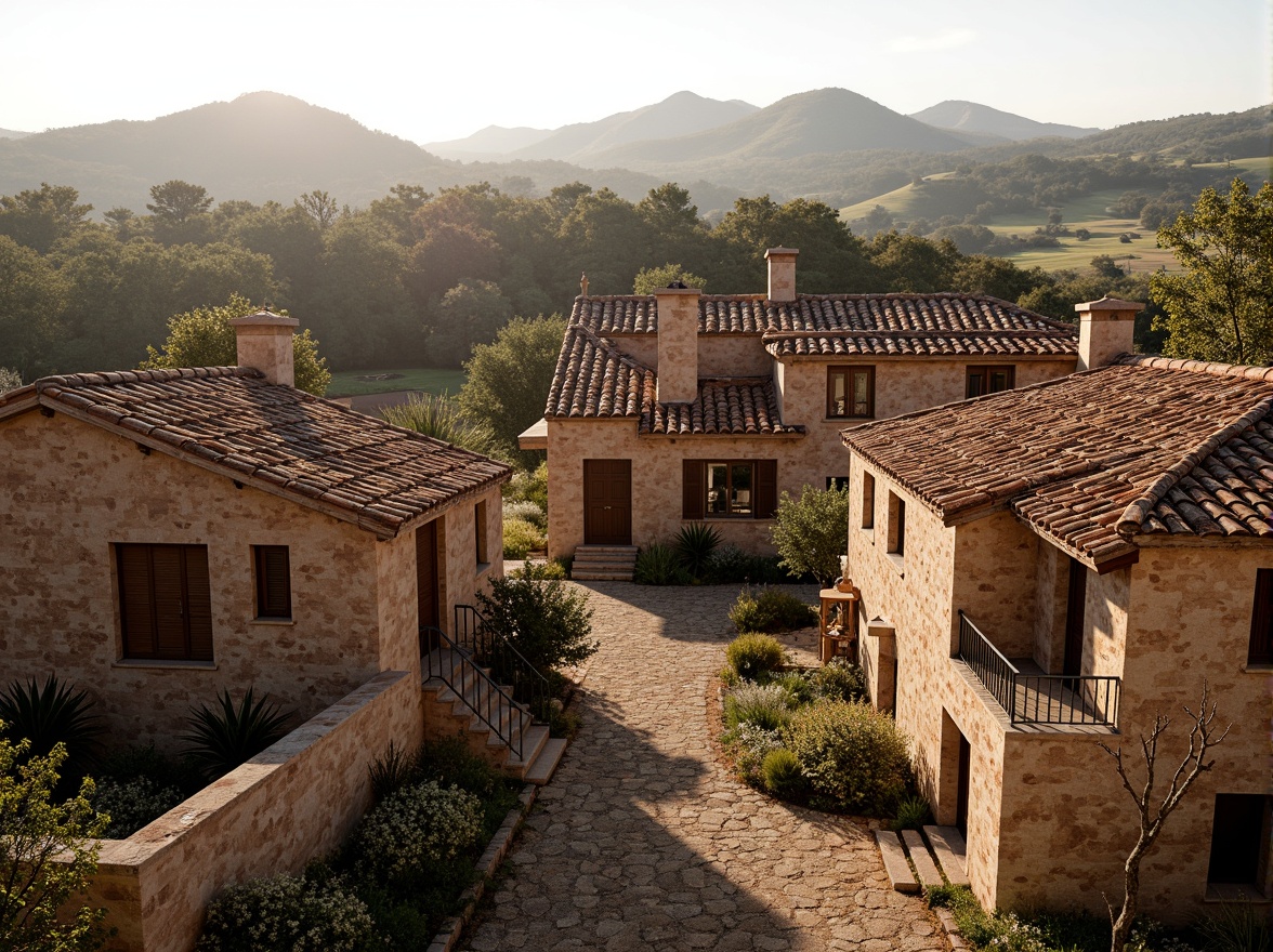 Prompt: Rustic vernacular architecture, pitched roofs, wooden shingles, terra cotta tiles, clay roofing, thatched roof tops, curved rooflines, natural stone walls, earthy color palette, rural landscapes, rolling hills, countryside views, soft warm lighting, shallow depth of field, 3/4 composition, panoramic view, realistic textures, ambient occlusion.