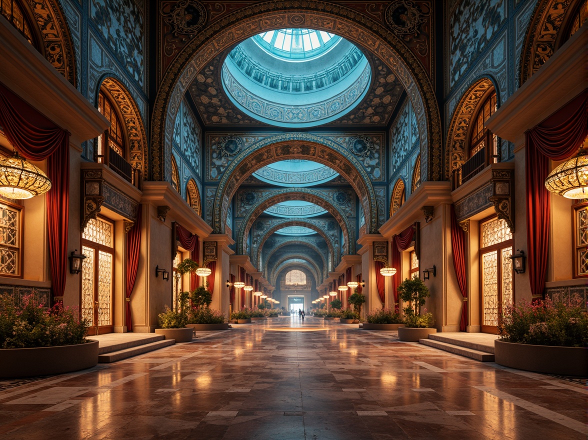 Prompt: Byzantine-inspired architectural design, azure domes, golden accents, intricate mosaics, ornate archways, luxurious textiles, rich velvet drapes, polished marble floors, ornamental lanterns, mystical ambiance, soft warm lighting, dramatic shadows, 1/1 composition, high contrast ratio, realistic reflections, ambient occlusion.