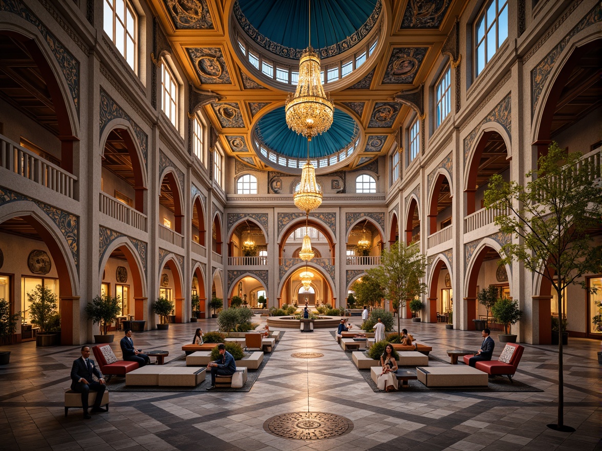 Prompt: Byzantine-style palace, azure domes, golden accents, intricate mosaics, ornate archways, luxurious velvet fabrics, regal thrones, majestic chandeliers, grandiose staircases, lavish fountains, serene courtyards, warm sunset lighting, soft focus, 1/2 composition, symmetrical framing, rich textures, ambient occlusion.