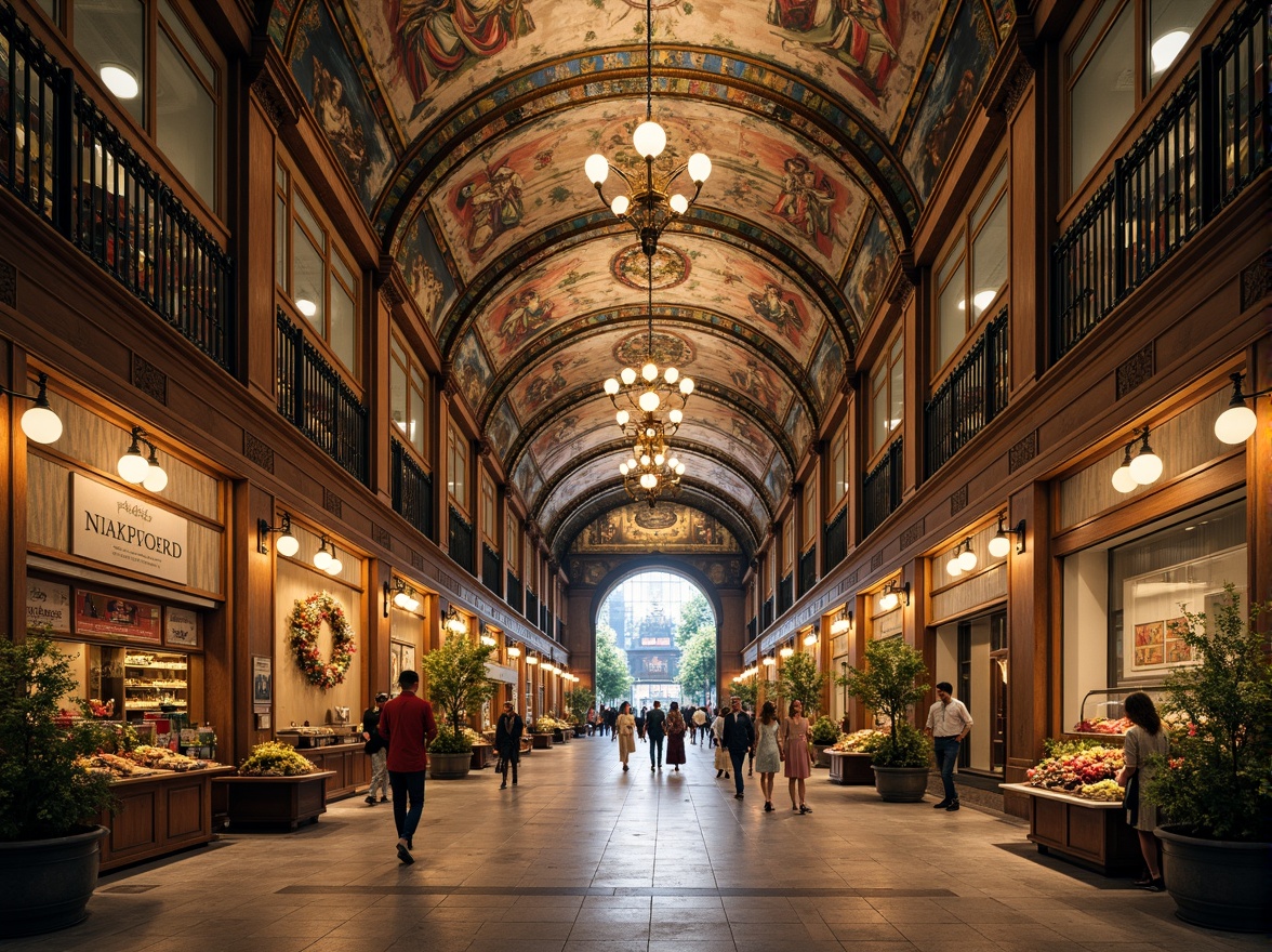 Prompt: Ornate market hall, Renaissance Revival style, grandiose archways, ornamental columns, intricately carved stonework, vibrant fresco ceilings, majestic chandeliers, polished marble floors, intricate ironwork, decorative balconies, ornate facades, symmetrical composition, soft warm lighting, shallow depth of field, 1/1 aspect ratio, realistic textures, ambient occlusion, bustling market atmosphere, lively street performers, artisanal food stalls, fragrant fresh produce, colorful floral arrangements.