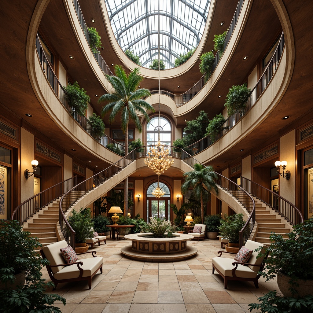 Prompt: Grand atrium, sweeping staircases, ornate metalwork, sinuous lines, flowing curves, luxurious furnishings, intricate mosaics, stained glass ceilings, natural stone walls, rich wood accents, elegant chandeliers, soft warm lighting, shallow depth of field, 3/4 composition, panoramic view, realistic textures, ambient occlusion, high ceiling, spacious interior, airy atmosphere, organic forms, botanical motifs, vintage decorative elements.