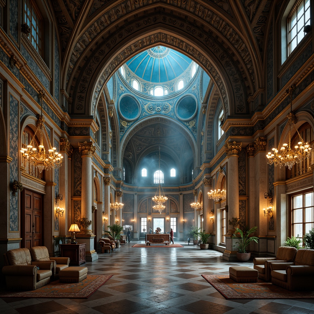 Prompt: Byzantine palace, intricate stone carvings, ornate golden accents, azure domes, majestic archways, richly patterned mosaics, lavish furnishings, regal tapestries, crystal chandeliers, warm candlelight, soft misty atmosphere, mystical ambiance, 1/1 composition, low-key lighting, dramatic shadows, highly detailed textures, realistic reflections.