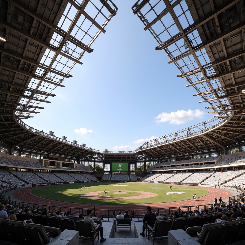 Prompt: Exposed steel structures, grandstand seating, sports field, athletic tracks, modern stadium design, cantilevered roofs, angular lines, industrial aesthetic, raw metal textures, urban landscape, sunny day, dramatic shadows, high contrast lighting, 3/4 composition, wide-angle lens, realistic reflections, ambient occlusion.