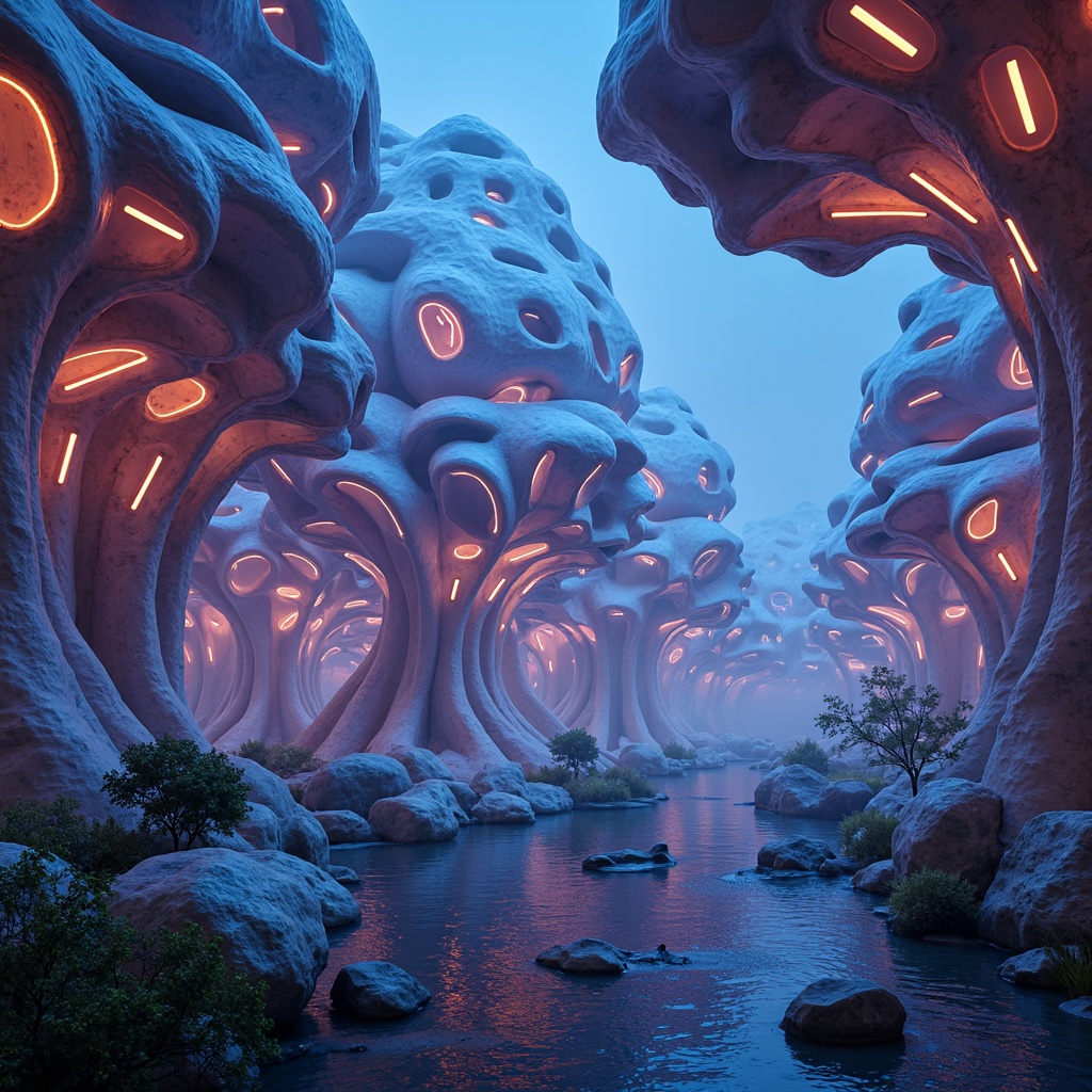 Prompt: Organic blob-like structures, futuristic architecture design, irregular shapes, modular components, interconnected nodes, glowing neon lights, iridescent materials, translucent membranes, amoeba-inspired forms, extraterrestrial landscapes, surreal atmosphere, 3D printed modules, parametric design, algorithmic patterns, gradient color schemes, soft pulsing lighting, shallow depth of field, wide-angle lens, cinematic composition.