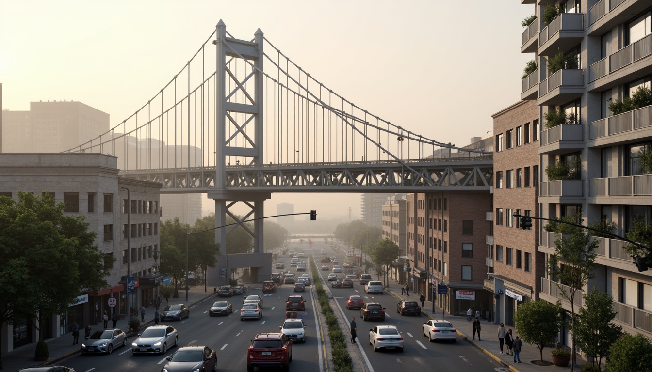 Prompt: High-strength polyethylene bridge components, corrosion-resistant materials, durable infrastructure, reinforced structural elements, high-impact resistance, weather-resistant coatings, UV protection, textured surfaces, modular construction, prefabricated sections, cantilevered designs, suspension cables, steel reinforcements, concrete foundations, urban cityscape, busy traffic flow, morning fog, soft warm lighting, shallow depth of field, 2/3 composition, realistic textures, ambient occlusion.