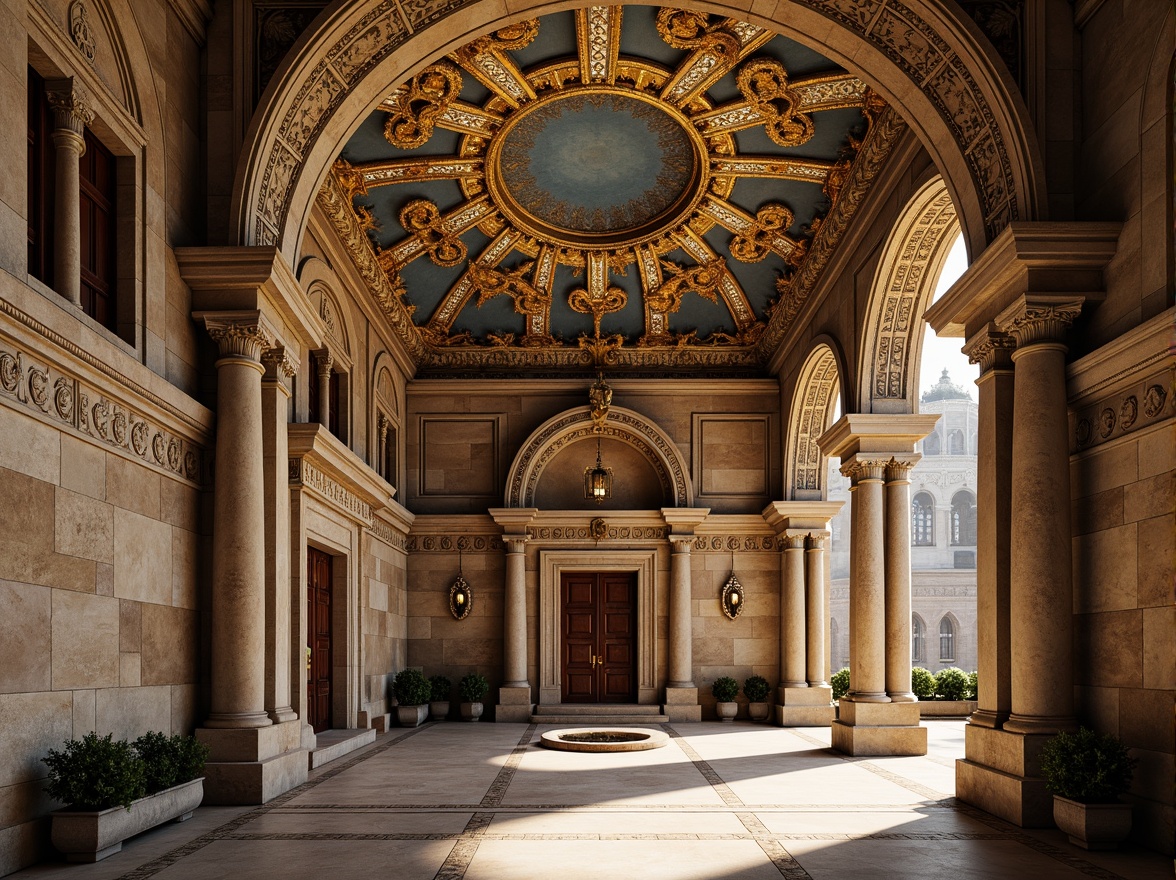 Prompt: Intricate stone carvings, ornate arches, grand domes, golden mosaics, vibrant frescoes, ornamental columns, rustic stone walls, majestic entranceways, imposing bell towers, delicate filigree patterns, warm earthy tones, richly textured surfaces, soft natural lighting, subtle shadows, 3/4 composition, realistic renderings, ambient occlusion.