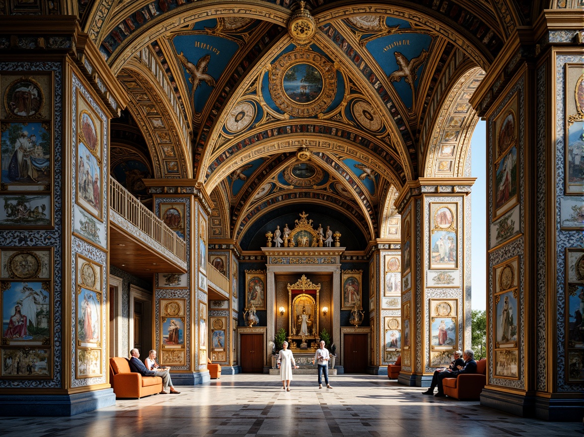 Prompt: Intricate mosaics, gold leaf accents, Byzantine-inspired patterns, ornate details, rich jewel tones, lavish decorations, grand domes, arches, columns, marble floors, ornamental capitals, sacred symbols, Christian iconography, vivid blue hues, golden lighting, dramatic shadows, high contrast, 1/1 composition, symmetrical framing, realistic textures, ambient occlusion.