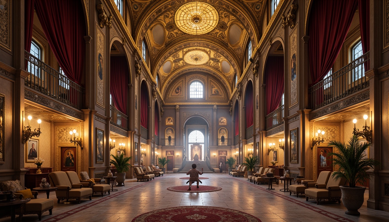 Prompt: Majestic Byzantine-style grand halls, high ceilings with golden domes, ornate chandeliers, intricate mosaic patterns, lavish furnishings, velvet drapes, marble floors, ornamental columns, sacred icons, regal thrones, ceremonial altars, stained glass windows, warm candlelight, atmospheric fog, shallow depth of field, 1/1 composition, symmetrical view, realistic textures, ambient occlusion.