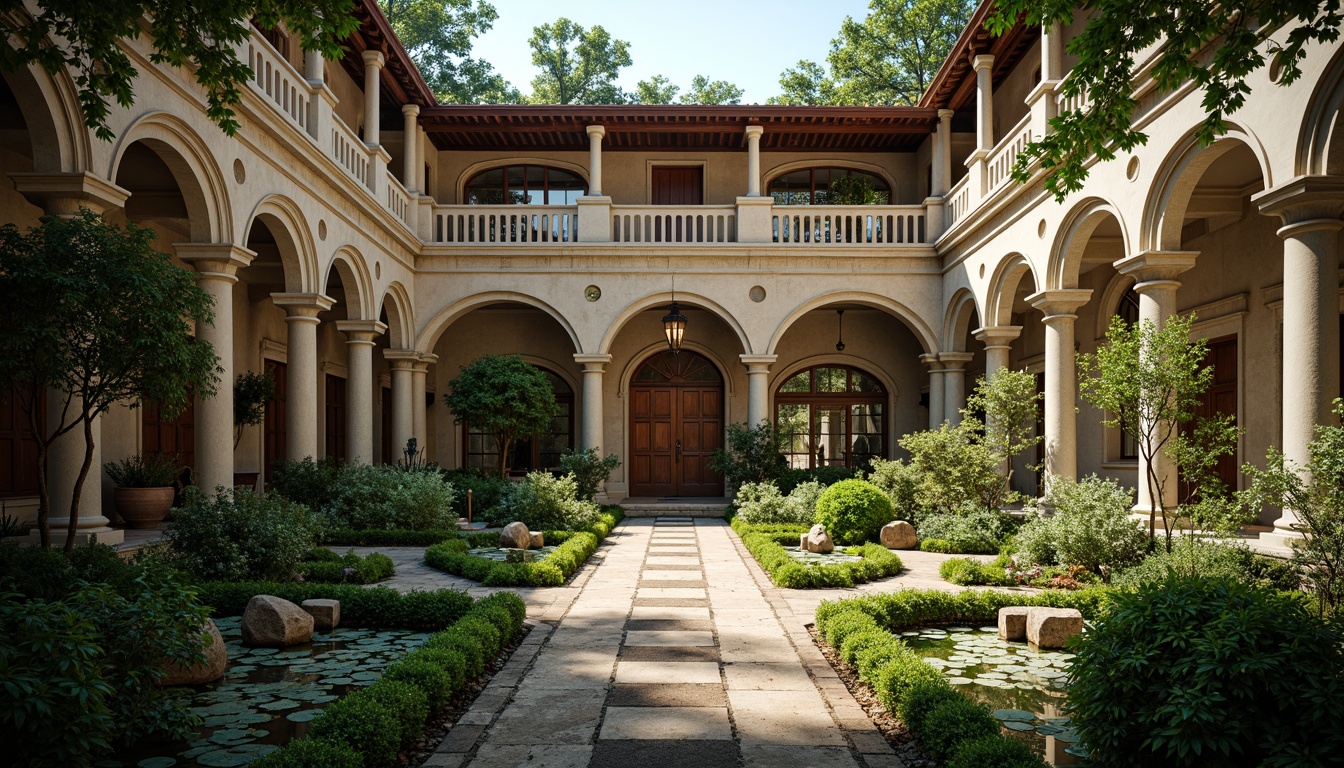 Prompt: Serene monastery courtyard, lush greenery, tranquil water features, walking paths, ornate stone carvings, rustic wooden doors, stained glass windows, vaulted ceilings, Gothic arches, cloistered corridors, peaceful ambiance, warm natural lighting, soft shadows, 1/2 composition, symmetrical framing, realistic textures, subtle atmospheric effects.