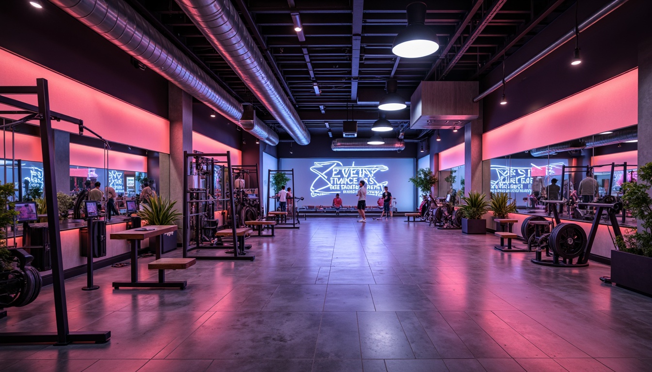 Prompt: Modern fitness center interior, sleek industrial aesthetic, polished concrete floors, mirrored walls, state-of-the-art equipment, vibrant neon lights, energetic color scheme, motivational quotes, functional training zones, spacious open areas, minimalistic decor, high ceilings, natural wood accents, metallic fixtures, dynamic lighting systems, shallow depth of field, 3/4 composition, realistic textures, ambient occlusion.