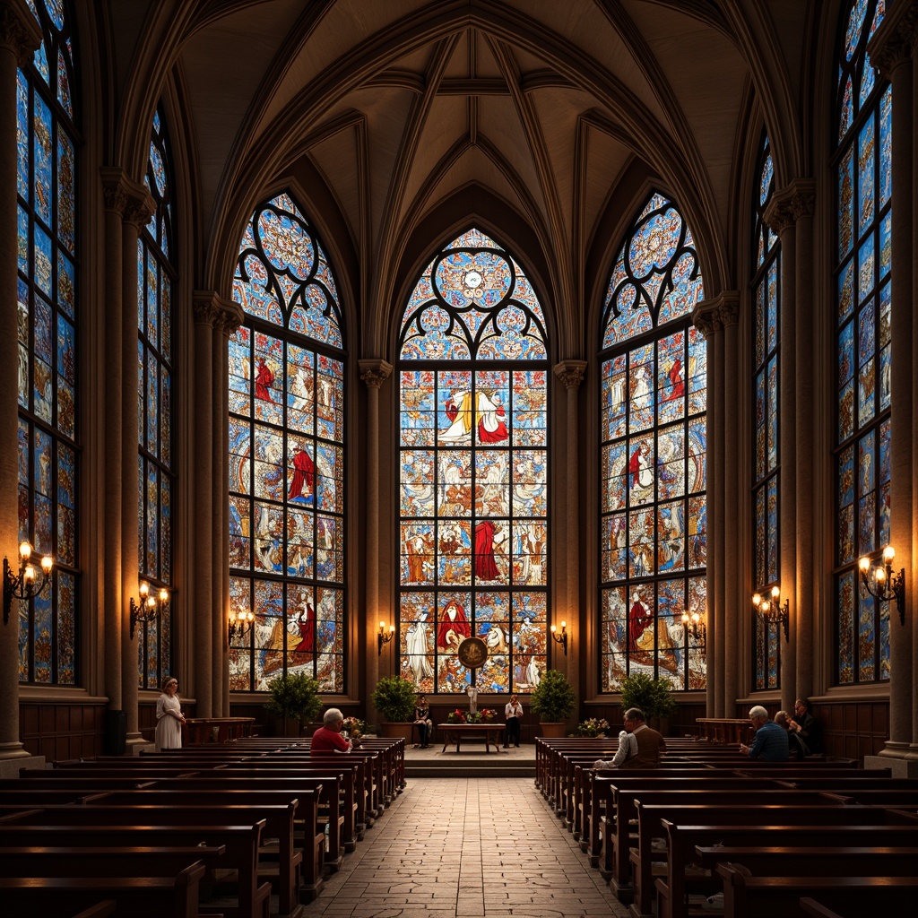 Prompt: Stained glass windows, vibrant colors, ornate details, Gothic arches, ribbed vaults, clerestory windows, natural light filtering, divine ambiance, peaceful atmosphere, spiritual connection, majestic facade, stone walls, intricate carvings, sacred symbols, elegant proportions, symmetrical composition, warm golden lighting, soft diffused glow, subtle shading, realistic reflections.