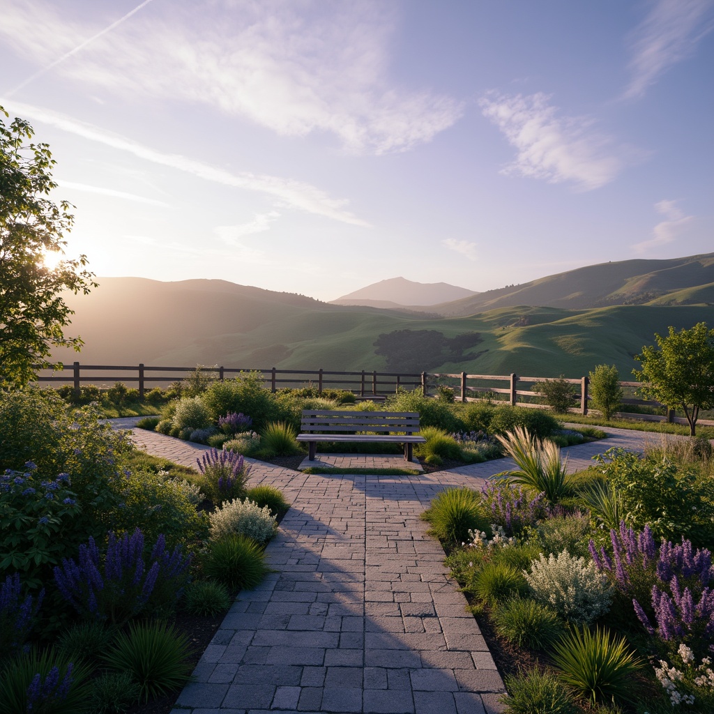 Prompt: Dreamy landscape, soft lavender blue hues, gentle rolling hills, serene atmosphere, wispy clouds, misty morning light, delicate wildflowers, vintage garden benches, distressed wooden fences, rustic stone pathways, lush greenery, subtle gradient skies, warm golden lighting, shallow depth of field, 1/2 composition, intimate close-up shots, realistic textures, ambient occlusion.