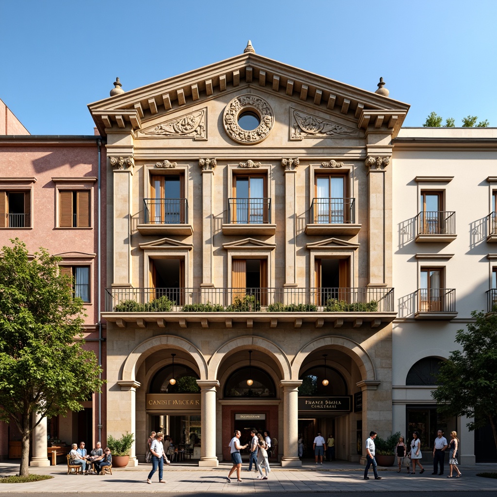 Prompt: Ornate market building, rusticated stone walls, ornamental cornices, arched windows, grand entranceways, wooden shutters, wrought iron balconies, decorative pilasters, stucco finishing, vibrant color scheme, Italian-inspired facades, Renaissance-era architecture, busy marketplace scene, people walking, shopping activities, warm sunny day, soft natural lighting, shallow depth of field, 1/1 composition, realistic textures, ambient occlusion.