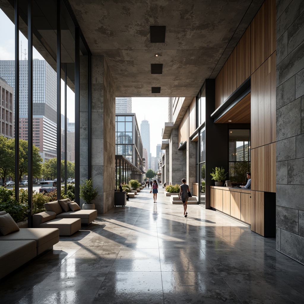 Prompt: Polished concrete floors, rough stone walls, sleek metal accents, glass partitions, wooden paneling, minimalist decor, industrial-chic lighting, geometric patterns, monochromatic color scheme, urban cityscape, modern skyscrapers, busy streets, natural light pouring in, shallow depth of field, 1/1 composition, realistic textures, ambient occlusion.