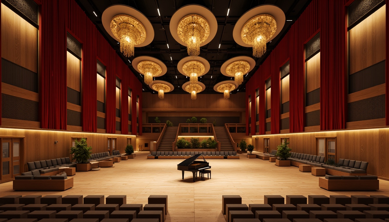 Prompt: Luxurious concert house interior, grand piano centerpieces, polished wooden floors, elegant chandeliers, velvet curtains, plush seating areas, acoustic panels, soundproofing materials, minimalist decor, neutral color palette, warm ambient lighting, shallow depth of field, 1/2 composition, soft focus effect, realistic textures, ambient occlusion.