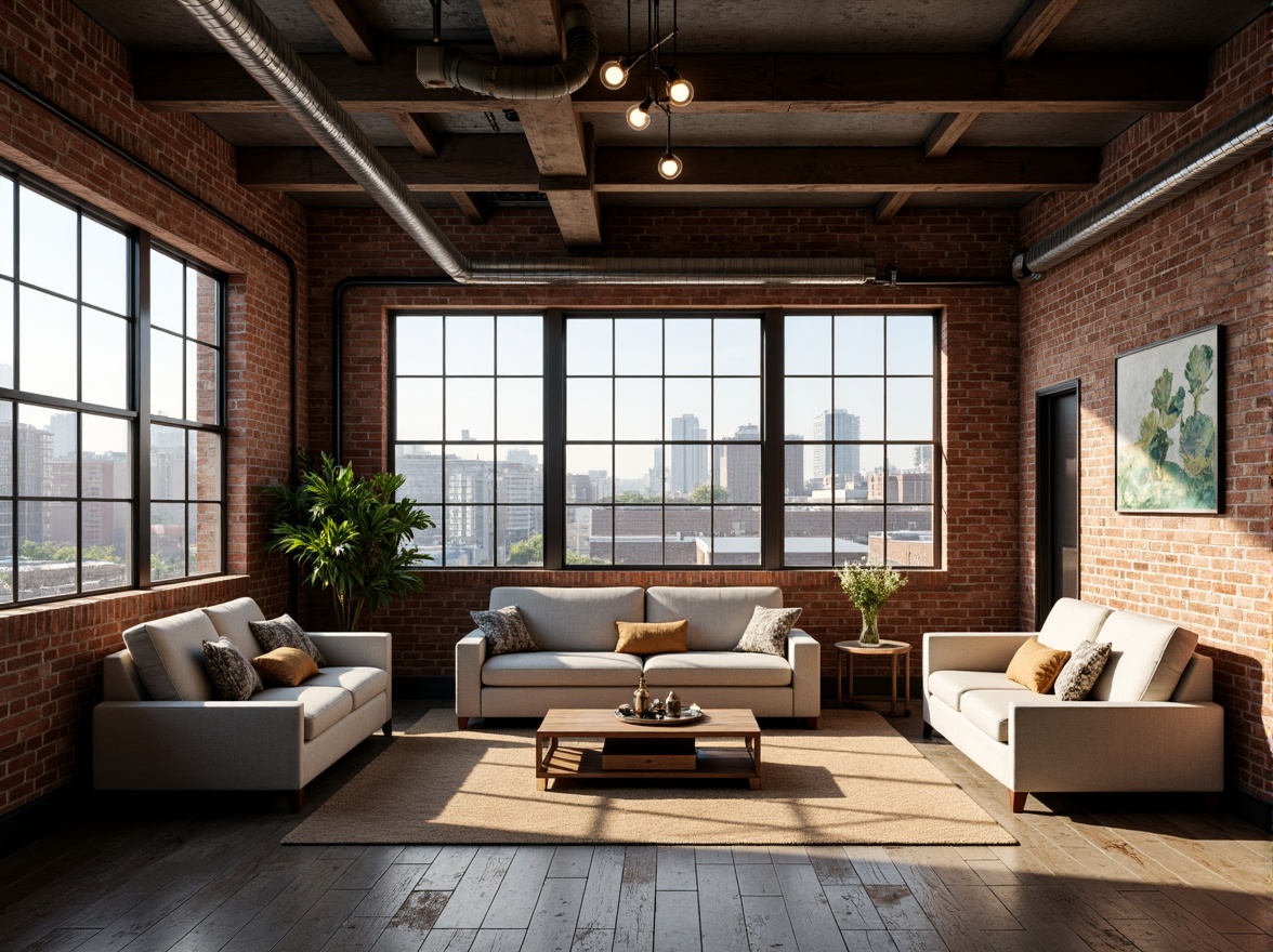 Prompt: Industrial chic loft, exposed brick walls, metal beams, wooden flooring, large windows, natural light, urban cityscape views, minimalist decor, reclaimed wood accents, Edison bulb lighting, distressed finishes, rough-textured concrete, open floor plans, functional piping systems, modern industrial furniture, eclectic artwork, soft warm glow, shallow depth of field, 1/1 composition, realistic textures, ambient occlusion.