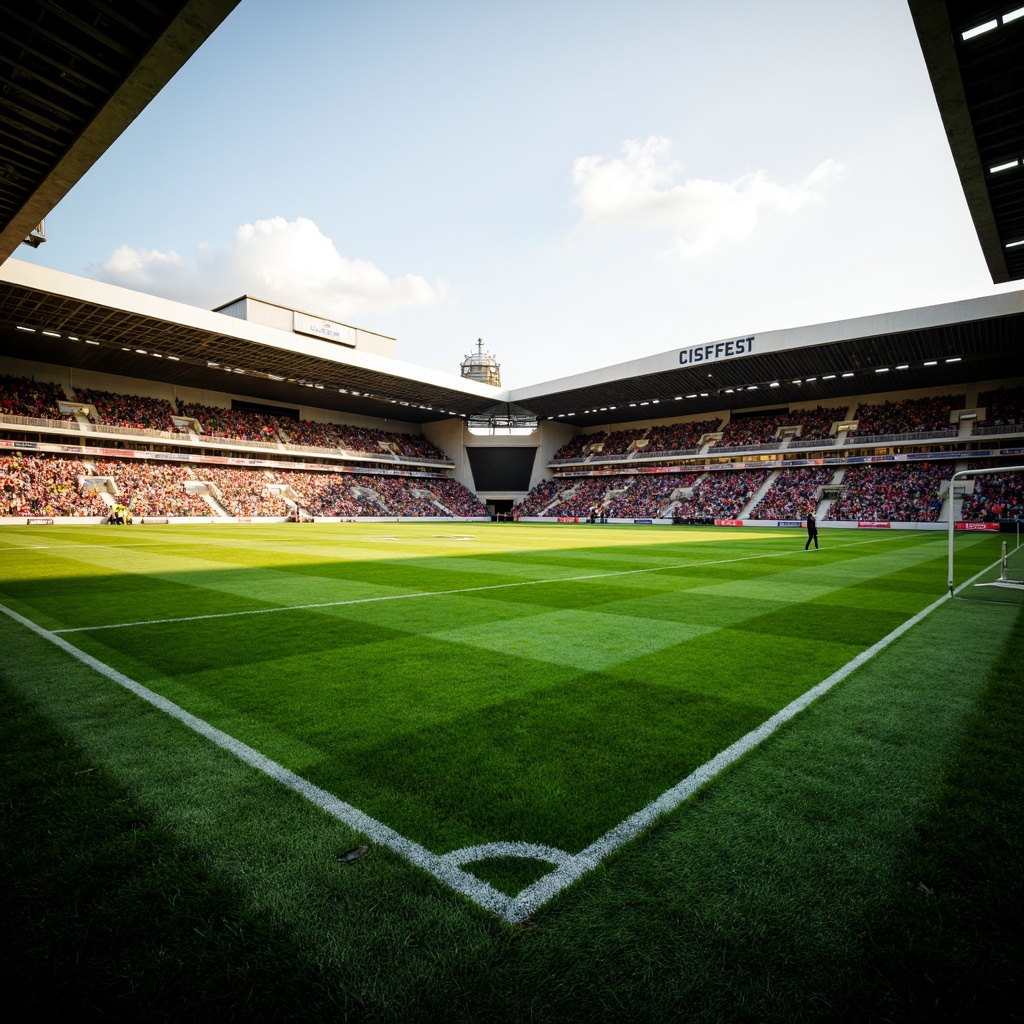 Prompt: Green grass pitch, white goalposts, vibrant crowd seating, tiered stands, VIP boxes, athletic tracks, training facilities, locker rooms, concession stalls, floodlights, evening ambiance, warm golden lighting, shallow depth of field, 3/4 composition, panoramic view, realistic textures, ambient occlusion.