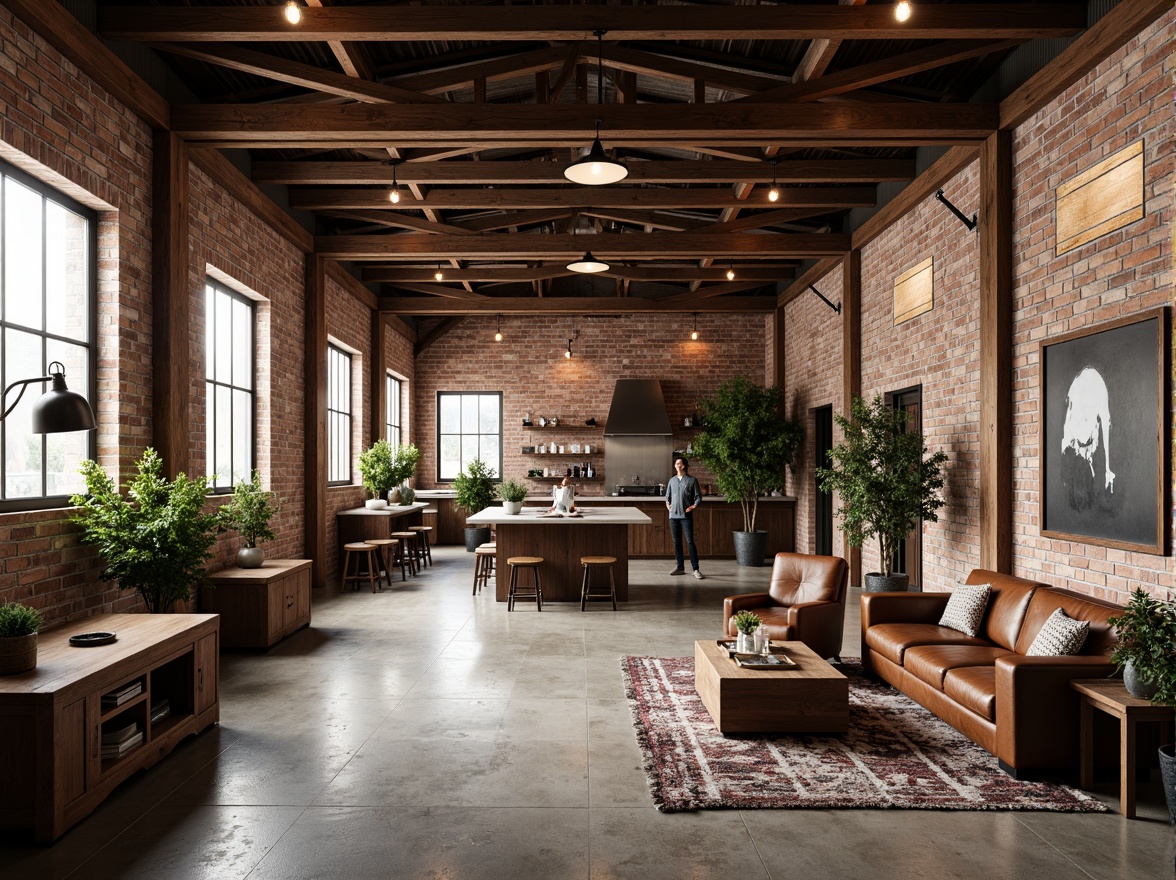 Prompt: Rustic warehouse, exposed brick walls, wooden beam ceilings, metal trusses, polished concrete floors, industrial steel windows, reclaimed wood accents, vintage metal lighting fixtures, distressed leather furniture, earthy color palette, natural textures, warm atmospheric lighting, shallow depth of field, 1/2 composition, realistic render, ambient occlusion.